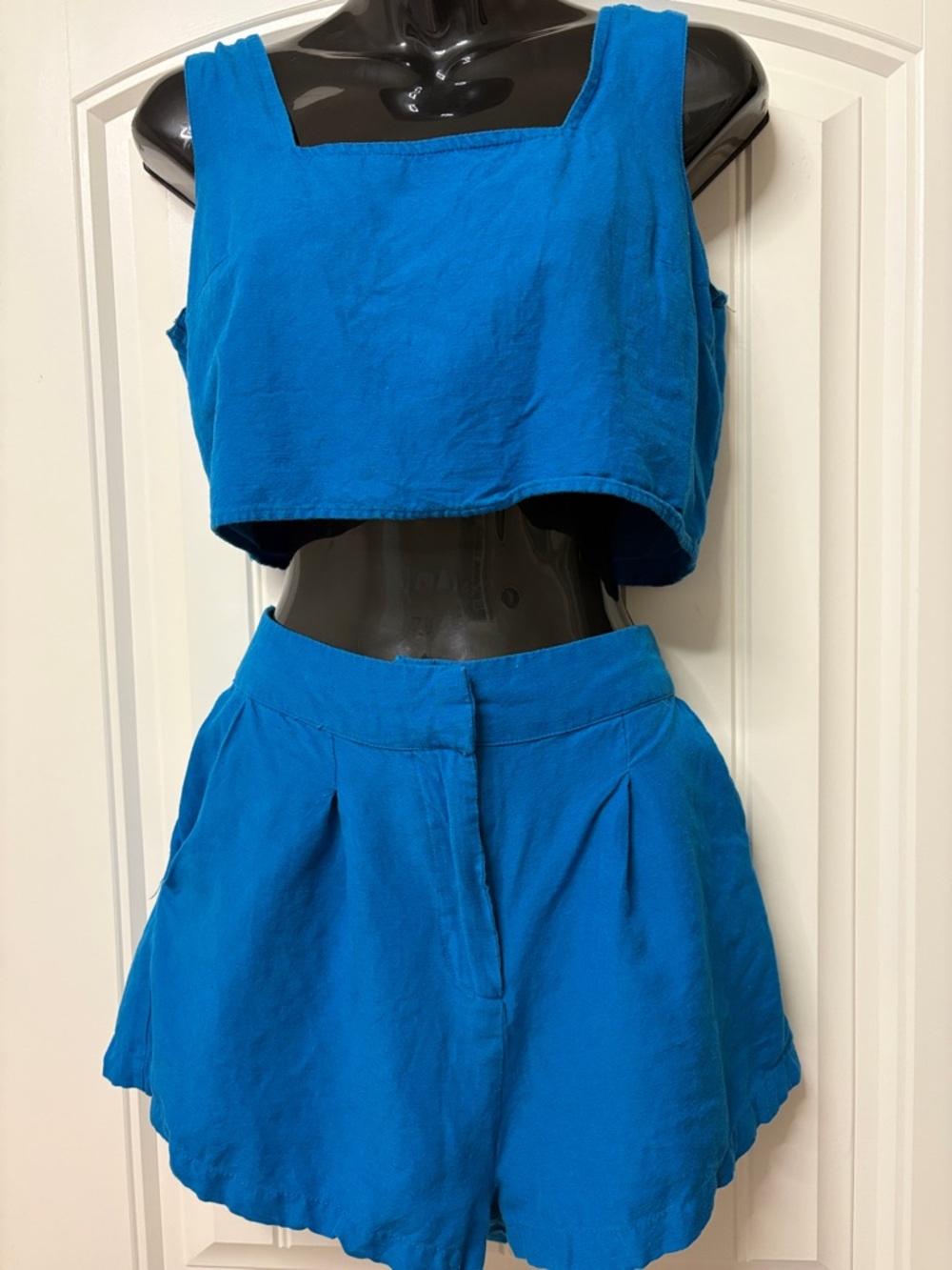 Bright Blue Two-Piece Crop Top & High-Waist Shorts Set